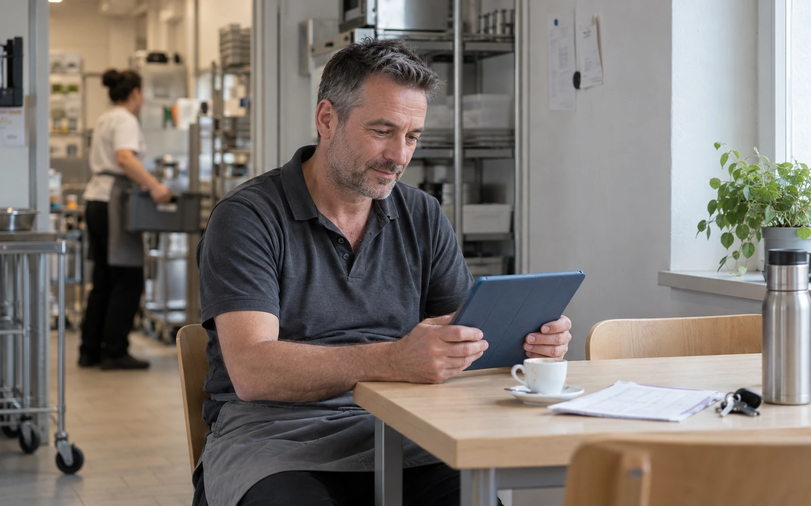 Catering-Mitarbeiter liest während einer kurzen Pause auf dem Tablet