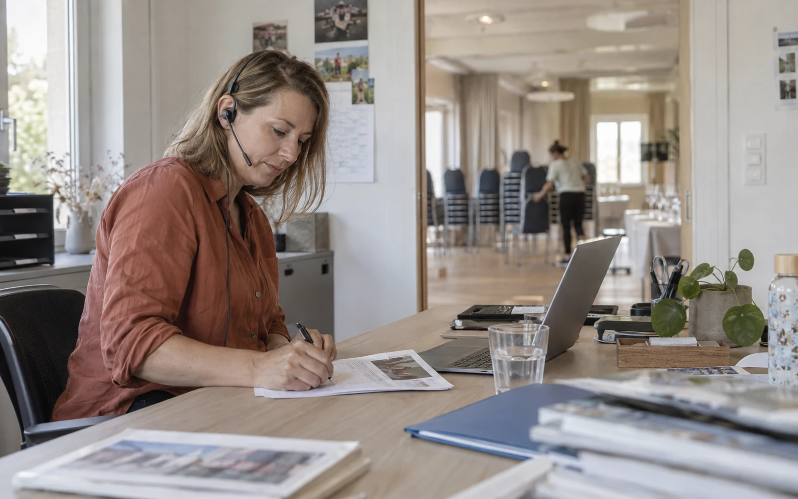 Verkaufsmitarbeiterin eines Eventbetriebs macht sich beim Kundentelefonat Notizen